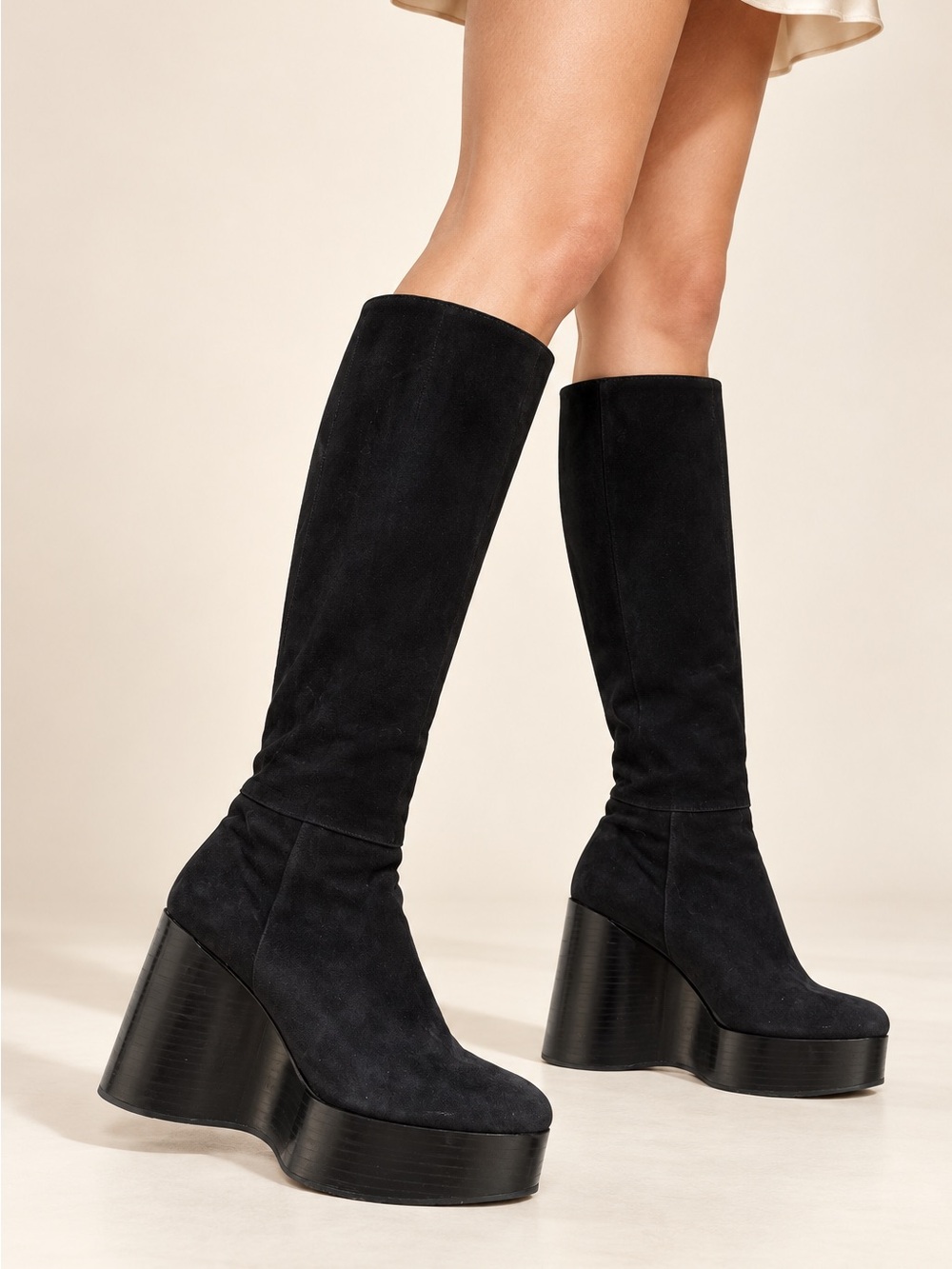 Clergerie Paris Black Suede Knee High Platform Wedge Boots Size 9 US Luxe Retro!